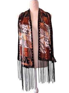 Laurel Burch Silk Scarf Moroccan Mares Art Print Fringed